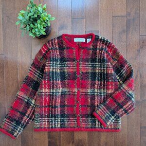 RED TARTAN PLAID VINTAGE KNIT CARDIGAN SWEATER